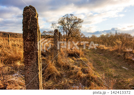 Weathered concrete fence posts stand tall in a rustic golden field during late autumn, creating a moody atmosphere with long shadows under a bright cloudy sky at sunset Weathered concrete fence posts stand tall in a rustic golden field during late autumn, creating a moody atmosphere with long shadows under a bright cloudy sky at sunset 142413372