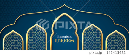 Ramadan Kareem poster with mosque silhouette, arabic golden frames Ramadan Kareem poster with mosque silhouette, arabic golden frames 142413481