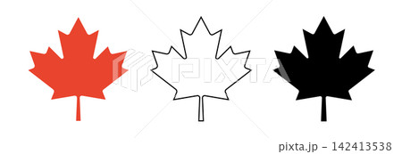 Canada symbol maple leaf red, black outline sample. Set of Maple leaf layouts. Maple leaf silhouette icons. Maple leaf badge, sticker. 142413538