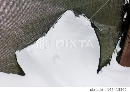 Tattered green construction mesh fence with a large hole revealing fresh white snow in a winter setting, creating a contrast between industrial material and nature Tattered green construction mesh fence with a large hole revealing fresh white snow in a winter setting, creating a contrast between industrial material and nature 142413562