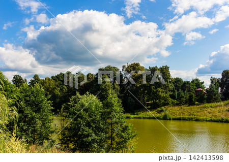 Serene village pond reflecting bright summer sky, surrounded by lush green trees and wild grasses in a quiet countryside landscape Serene village pond reflecting bright summer sky, surrounded by lush green trees and wild grasses in a quiet countryside landscape 142413598