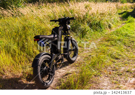 Modern electric bicycle parked on a rural trail, fat tire e-bike featuring robust frame design resting amidst golden wild grasses on a sunny summer day in the countryside 142413637