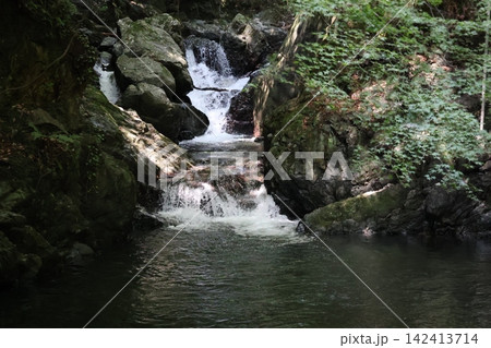 川にある小さな滝と滝壺の風景 142413714