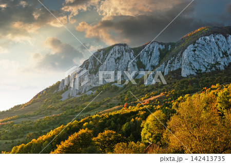 beautiful autumn afternoon in mountains. trees on the edge of Buces Vulcan mountain of Transylvania in fall colors. wonderful countryside of romania on a sunny weather in evening beautiful autumn afternoon in mountains. trees on the edge of Buces Vulcan mountain of Transylvania in fall colors. wonderful countryside of romania on a sunny weather in evening 142413735