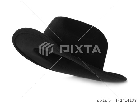 Black hat isolated on white. Stylish accessory Black hat isolated on white. Stylish accessory 142414138