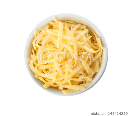 Bowl with grated cheese isolated on white, top view 142414239