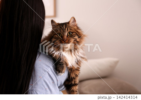 Woman with her cute cat at home, closeup. Fluffy pet Woman with her cute cat at home, closeup. Fluffy pet 142414314