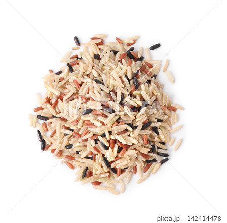 Different sorts of brown rice isolated on white, top view Different sorts of brown rice isolated on white, top view 142414478