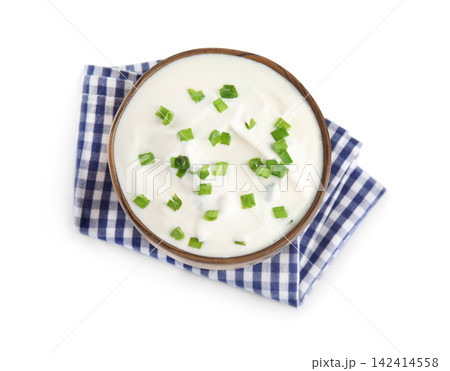 Fresh sour cream with onion and fabric on white background, top view 142414558