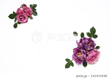 Beautiful floral composition with flowers on white background, flat lay. Space for text 142414590