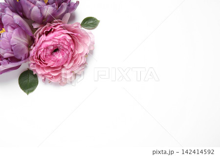 Beautiful floral composition with flowers on white background, flat lay. Space for text Beautiful floral composition with flowers on white background, flat lay. Space for text 142414592