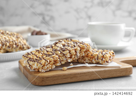 Delicious rice crispy treats on grey table 142414692