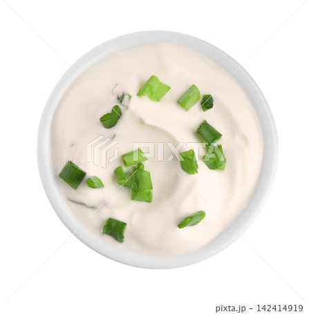 Fresh sour cream with onion on white background, top view 142414919
