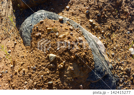 Large textured granite gneiss boulder covered with sand and small stones inside an open pit mine, displaying rugged geological patterns and raw earth tones under bright sunlight Large textured granite gneiss boulder covered with sand and small stones inside an open pit mine, displaying rugged geological patterns and raw earth tones under bright sunlight 142415277