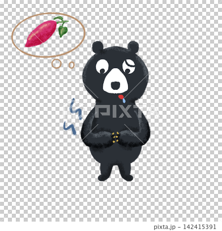 お腹が空いてサツマイモを思い浮かべるかわいいクマのイラスト お腹が空いてサツマイモを思い浮かべるかわいいクマのイラスト 142415391