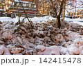 Massive dirty snow piles line a sunny winter roadside, showing the aftermath of intense snow removal. Urban landscape background, cold season, winter day 142415478