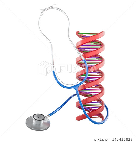 Stethoscope with DNA helix, genetic medicine and diagnosis concept. 3D rendering 142415823