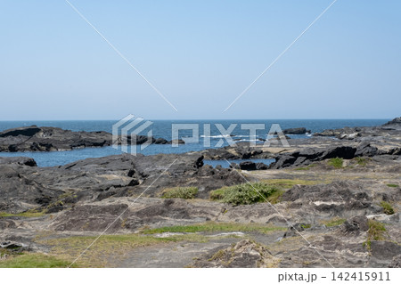 神奈川県三浦市城ヶ島 岩礁のある海岸の風景 神奈川県三浦市城ヶ島 岩礁のある海岸の風景 142415911