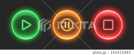 Neon media player buttons. Glossy glowing audio control icons. Neon media player buttons. Glossy glowing audio control icons. 142415983
