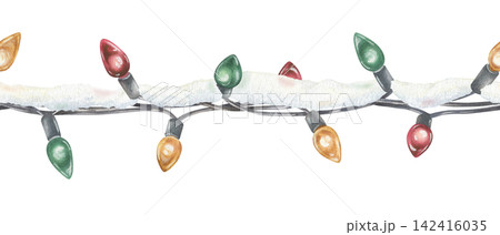 Seamless Border of multicolored Christmas Lights under the snow. Watercolor illustration of a garland. Hand drawn holiday decoration on white isolated background. Watercolour painting art image 142416035