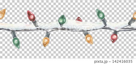 Seamless Border of multicolored Christmas Lights under the snow. Watercolor illustration of a garland. Hand drawn holiday decoration on white isolated background. Watercolour painting art image Seamless Border of multicolored Christmas Lights under the snow. Watercolor illustration of a garland. Hand drawn holiday decoration on white isolated background. Watercolour painting art image 142416035