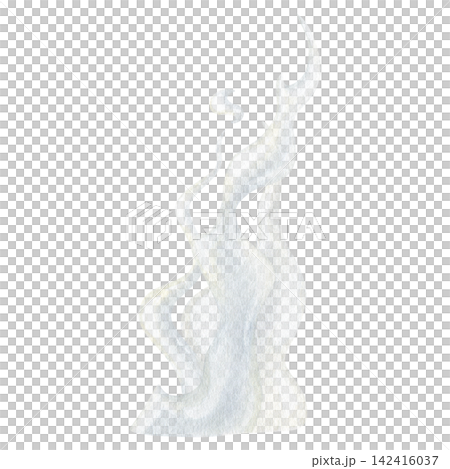 White steam cloud isolated on white background. Watercolor illustration of a rising hot smoke vapor effect, ethereal mist and swirling fog texture for food and beverage sketch overlays 142416037