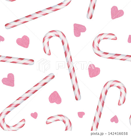 Seamless pattern of Christmas Candy Canes with hearts. Watercolor illustration of a holiday sweets. Hand drawn sketch on white isolated background. Water color art. A cute print for New Year's design Seamless pattern of Christmas Candy Canes with hearts. Watercolor illustration of a holiday sweets. Hand drawn sketch on white isolated background. Water color art. A cute print for New Year's design 142416038