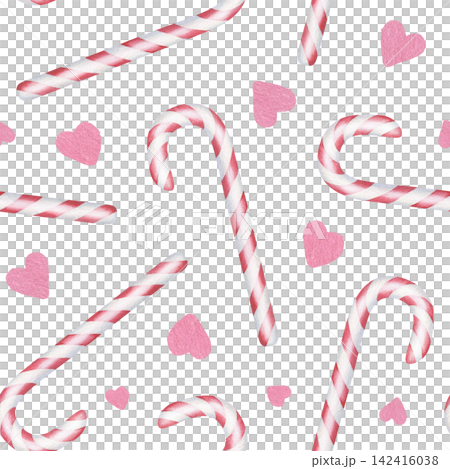 Seamless pattern of Christmas Candy Canes with hearts. Watercolor illustration of a holiday sweets. Hand drawn sketch on white isolated background. Water color art. A cute print for New Year's design Seamless pattern of Christmas Candy Canes with hearts. Watercolor illustration of a holiday sweets. Hand drawn sketch on white isolated background. Water color art. A cute print for New Year's design 142416038