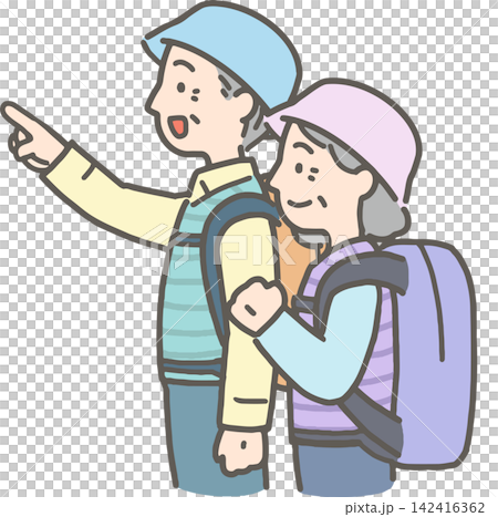 一對老年夫婦一邊指著一邊健行 一對老年夫婦一邊指著一邊健行 142416362