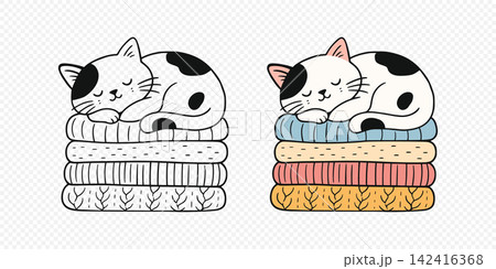 Sleeping Cat on Folded Blankets Set, Vector Illustration. Cute Black and White Kitten Cartoon in Outline and Colored Versions. Cozy Pet Resting on Stacked Quilts. Hand Drawn Nursery Illustration 142416368