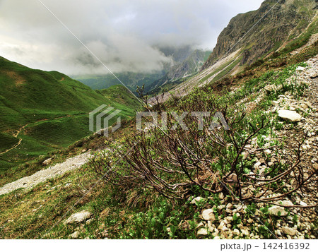 Dramatic alpine panorama from the Mindelheim Via Ferrata in the Allgaeu Alps, Germany, partially snow covered mountain slopes and rugged peaks emerging through clouds, cinematic adventure travel Dramatic alpine panorama from the Mindelheim Via Ferrata in the Allgaeu Alps, Germany, partially snow covered mountain slopes and rugged peaks emerging through clouds, cinematic adventure travel 142416392