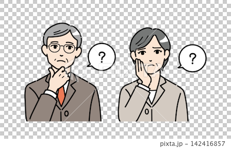 一組插圖,描繪的是身穿西裝的老年男女,他們似乎在思考問題。 一組插圖,描繪的是身穿西裝的老年男女,他們似乎在思考問題。 142416857