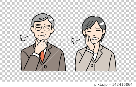 一組插圖，描繪了身著西裝的老年男女，他們閉著眼睛，神情憂慮不安。 142416864