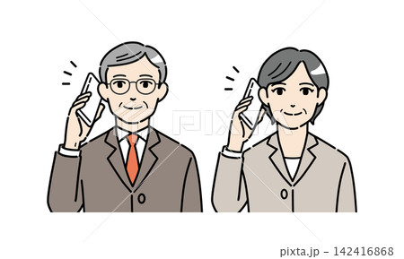 スマホで通話するスーツ姿のシニア男女のイラストセット スマホで通話するスーツ姿のシニア男女のイラストセット 142416868