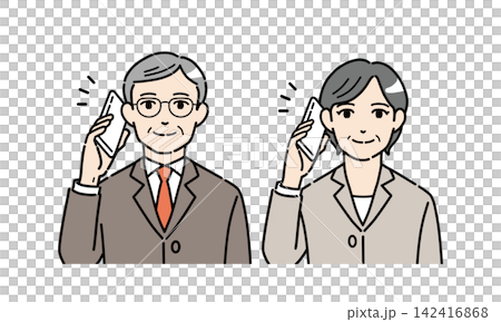 スマホで通話するスーツ姿のシニア男女のイラストセット スマホで通話するスーツ姿のシニア男女のイラストセット 142416868