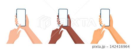 Hands Holding Smartphone Set, Vector Illustration. Flat Cartoon Diverse Skin Tone Hands Using Mobile Phone with Finger Touching Blank Screen. Modern Communication, App Interface Hands Holding Smartphone Set, Vector Illustration. Flat Cartoon Diverse Skin Tone Hands Using Mobile Phone with Finger Touching Blank Screen. Modern Communication, App Interface 142416964