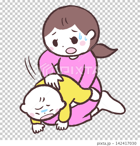 一幅插圖描繪了一名女子毆打吞下異物的嬰兒。 一幅插圖描繪了一名女子毆打吞下異物的嬰兒。 142417030