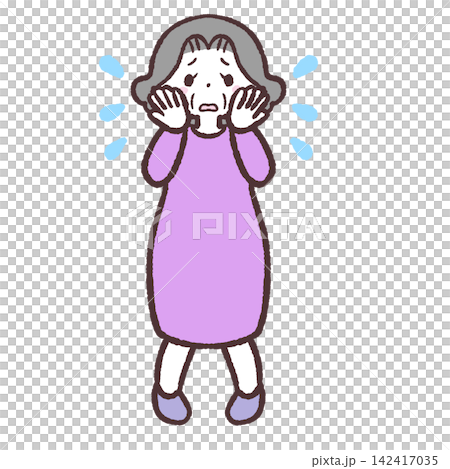 Full-body illustration of a distressed senior woman Full-body illustration of a distressed senior woman 142417035