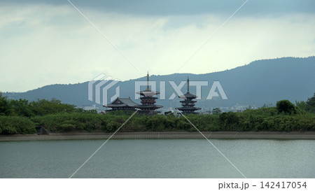 奈良県奈良市・西ノ京の大池から望む曇り空の世界遺産「薬師寺」の二つの三重塔と美しい水面風景 142417054