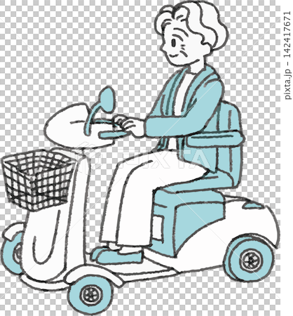 一位老年婦女騎著電動代步車的插圖（行動輔助、護理、交出駕照、2色、EPS） 142417671