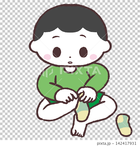 Illustration of a boy putting on socks Illustration of a boy putting on socks 142417931