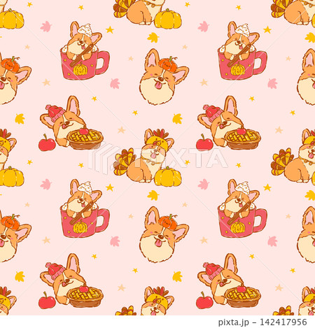 Cute Fall Thanksgiving Corgi Seamless Pattern Hand Drawn Kawaii Cute Autumn Cartoon Dog Repeat Background Cute Fall Thanksgiving Corgi Seamless Pattern Hand Drawn Kawaii Cute Autumn Cartoon Dog Repeat Background 142417956