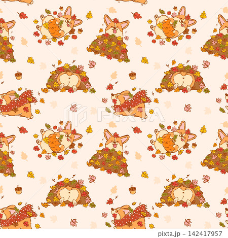 Cute Happy Autumn Corgi Seamless Pattern Hand Drawn Kawaii Cute Cartoon Dog Repeat Background Cute Happy Autumn Corgi Seamless Pattern Hand Drawn Kawaii Cute Cartoon Dog Repeat Background 142417957