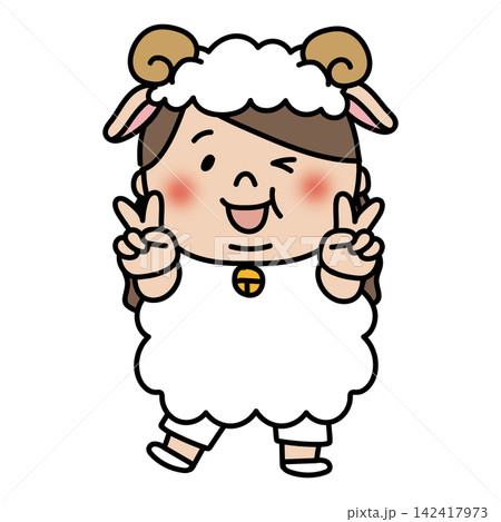 雄羊の被り物をしているぽっちゃりしたロングヘアの子供(女の子) 雄羊の被り物をしているぽっちゃりしたロングヘアの子供(女の子) 142417973