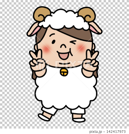 雄羊の被り物をしているぽっちゃりしたロングヘアの子供(女の子) 雄羊の被り物をしているぽっちゃりしたロングヘアの子供(女の子) 142417973