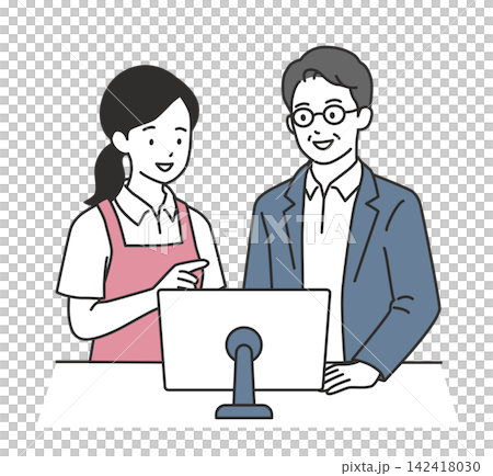 パソコン画面を見ながらケアマネージャーと打ち合わせする女性介護士 パソコン画面を見ながらケアマネージャーと打ち合わせする女性介護士 142418030