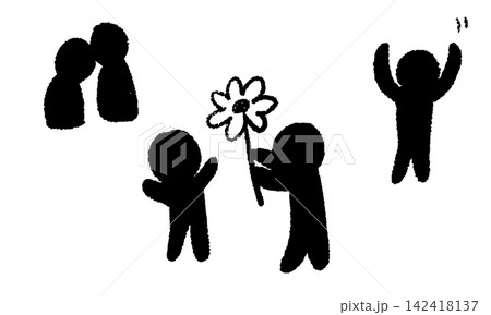 花を渡してプロポーズする人とお祝いする人の手描きのシルエットイラスト 142418137