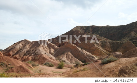 Skazka Canyons or so called Fairytale Canyons Issyk-Kul region near the lake in drone point of view in kyrgyzstan 142418274