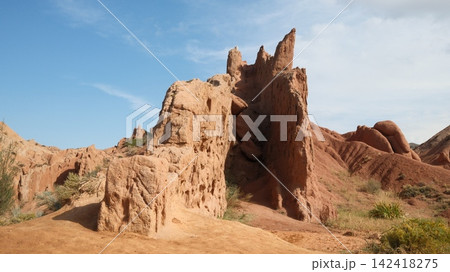 Skazka Canyons or so called Fairytale Canyons Issyk-Kul region near the lake in drone point of view in kyrgyzstan Skazka Canyons or so called Fairytale Canyons Issyk-Kul region near the lake in drone point of view in kyrgyzstan 142418275