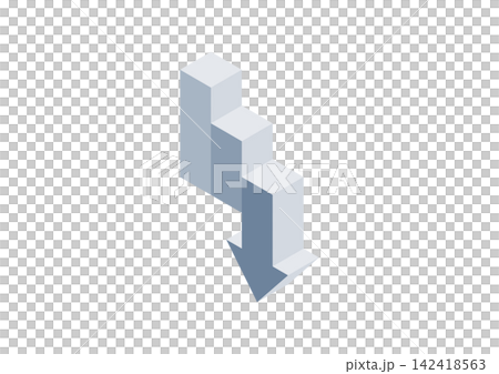 Isometric illustration of a staircase with a gradient on the sides and an arrow pointing to the lowest step (blue-gray). Isometric illustration of a staircase with a gradient on the sides and an arrow pointing to the lowest step (blue-gray). 142418563